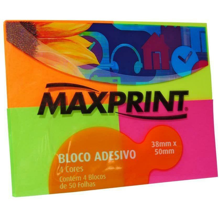 Bloco Adesivo 38x50mm Maxprint 4 Cores Neon Colors 200 Folhas • Lemart Papelaria 8583